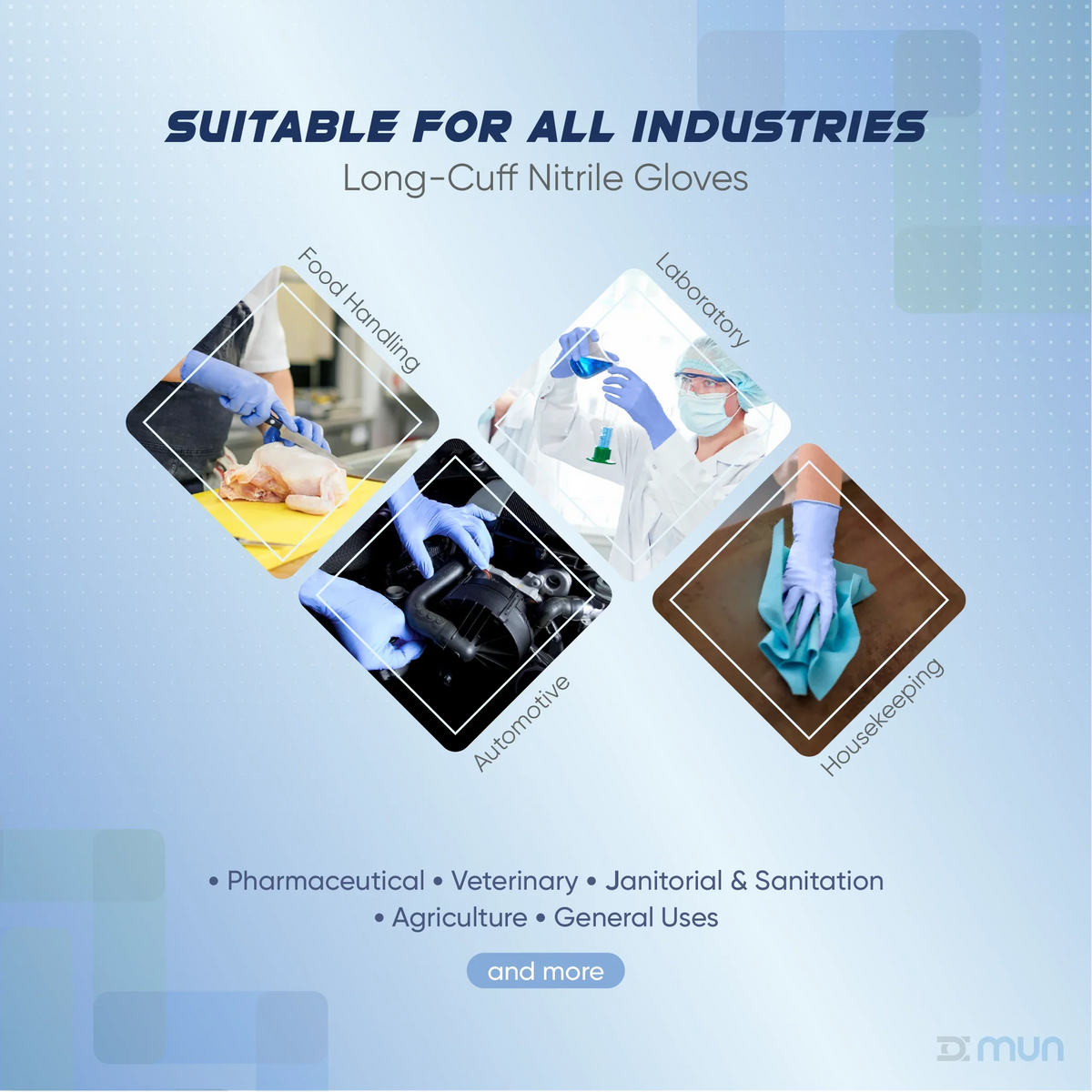Pair of Aqua Blue Nitrile Exam Gloves from MUN's GloveON Hartson long-cuff series, displayed flat with fingers extended.