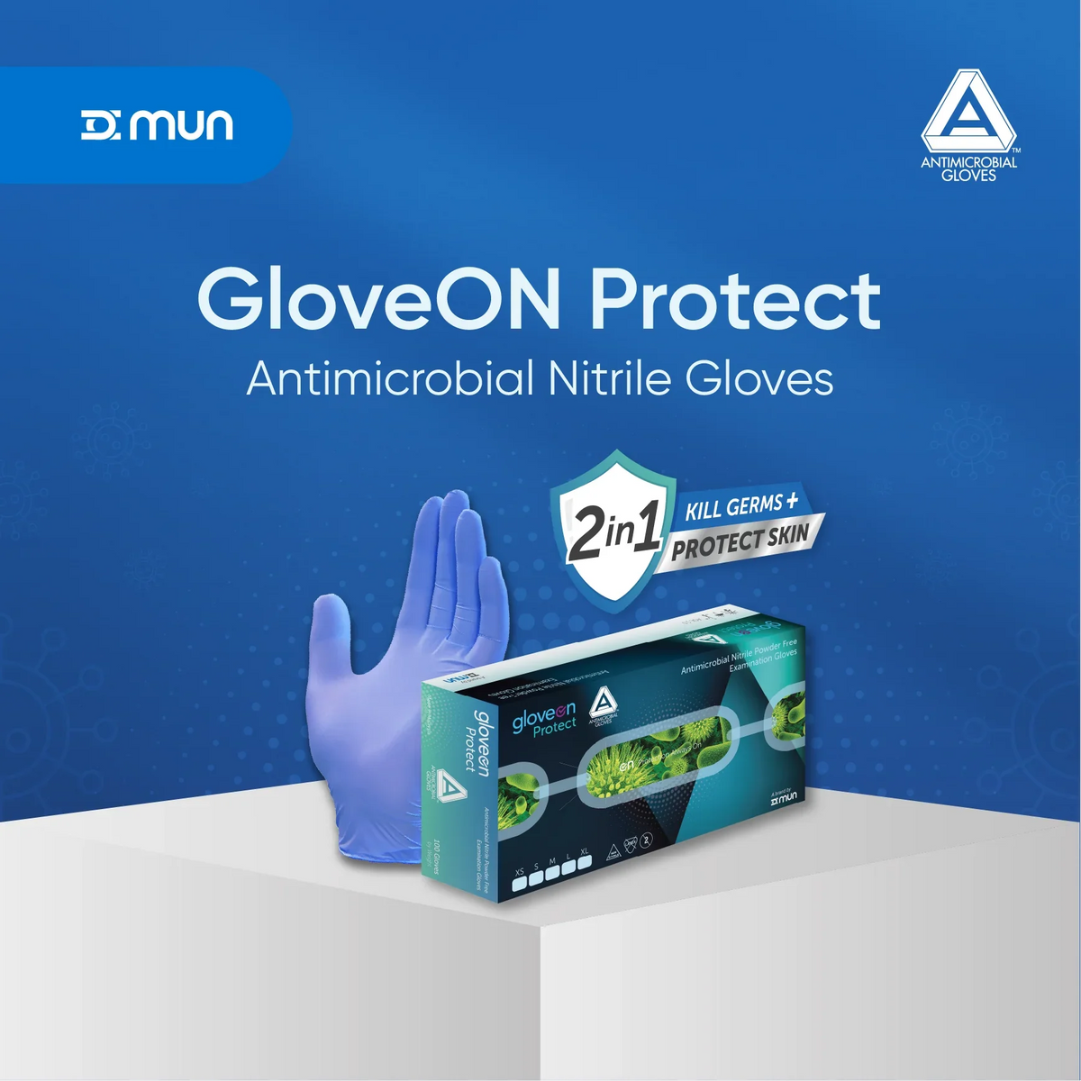 Blue MUN GloveON Protect antimicrobial nitrile gloves, 100-pack, showing textured surface and flexible fit for protective use.