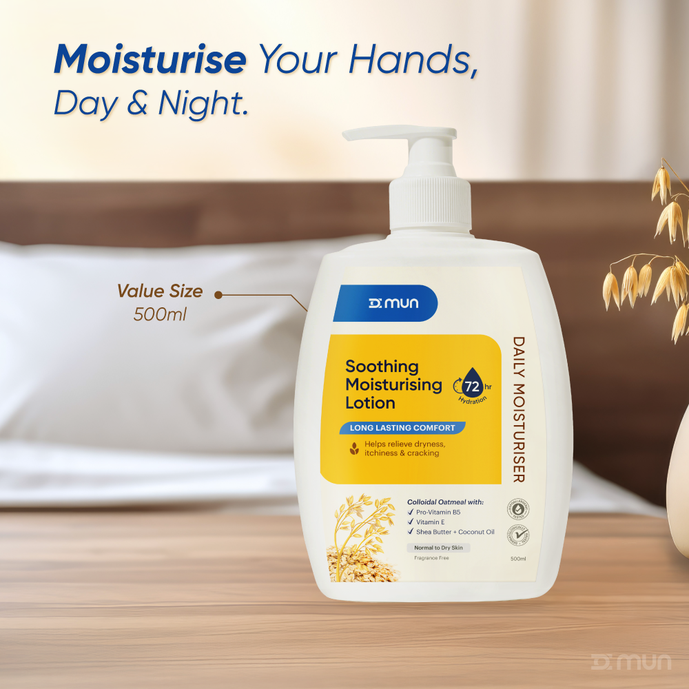 MUN Soothing Moisturising Lotion in a pump bottle, featuring smooth, hydrating formula for daily skincare.
