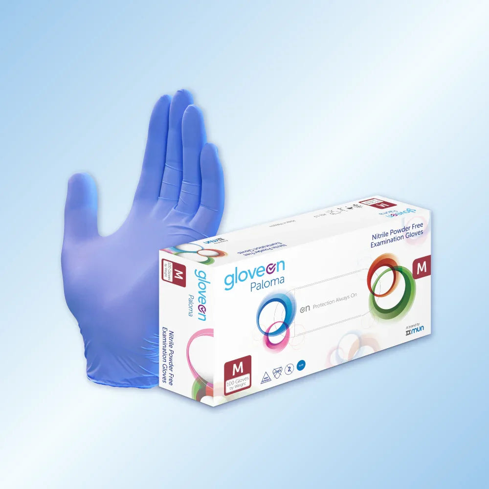 Blue examination glove next to a box of GloveON Paloma gloves on a light blue background