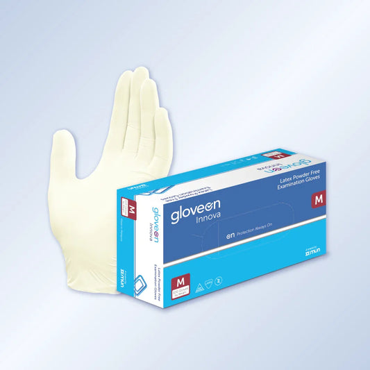 Latex powder-free exam glove and GloveON Innova gloves box, size medium, on light background