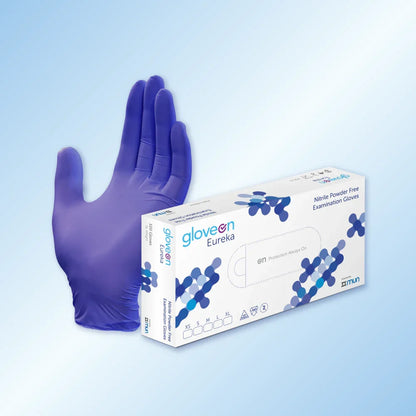 GloveON Eureka examination glove and its packaging on a light blue background