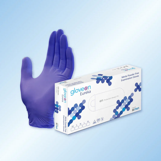 GloveON Eureka examination glove and its packaging on a light blue background