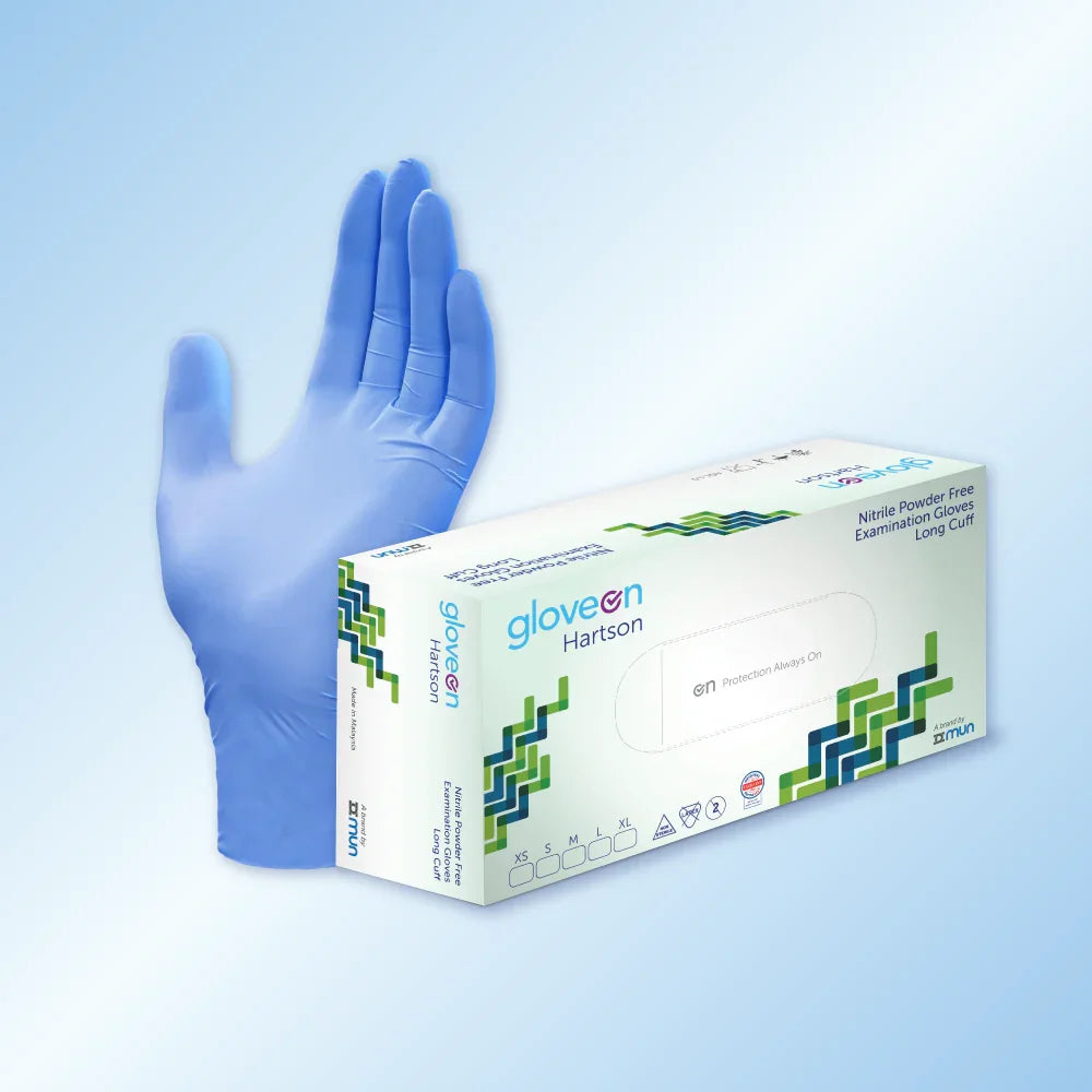 GloveON Hartson nitrile glove and box of gloves on a light blue background