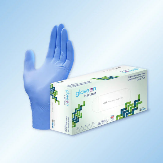 GloveON Hartson nitrile glove and box of gloves on a light blue background