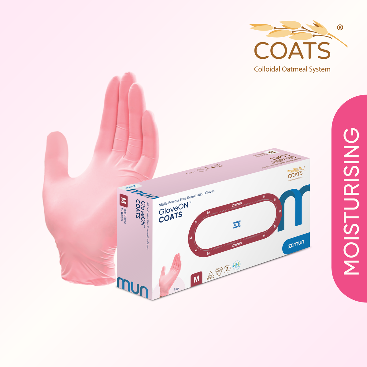 Pink MUN GloveON Nitrile Examination Glove, sterile and powder-free, shown in a box of multiple gloves for medical use.