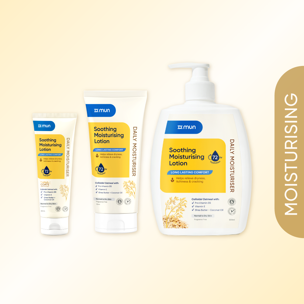 MUN Soothing Moisturising Lotion in a pump bottle, designed for gentle hydration and skin comfort, displayed on a white background.