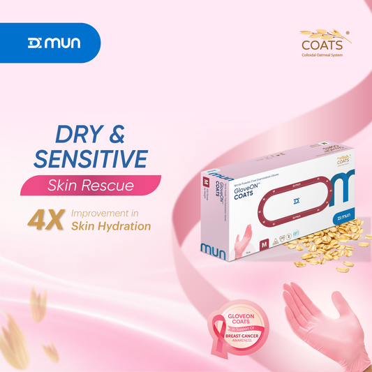 Pink MUN GloveON nitrile examination gloves, 1000-piece carton, shown in open box with gloves ready for medical or lab use.