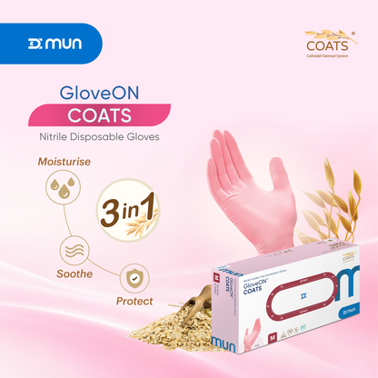 Pink MUN Care Duo Bundle Nitrile Gloves with Daily Moisturizer, featuring a pair of gloves on a white background.