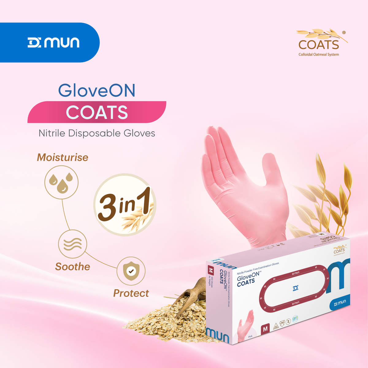 Pink MUN nitrile glove with daily moisturizer in a value bundle, designed for comfort and skin protection.