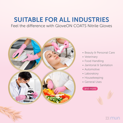 Pink MUN Nitrile Glove bundle with daily moisturizer for hand protection and skin care, featuring a snug fit and soft texture.