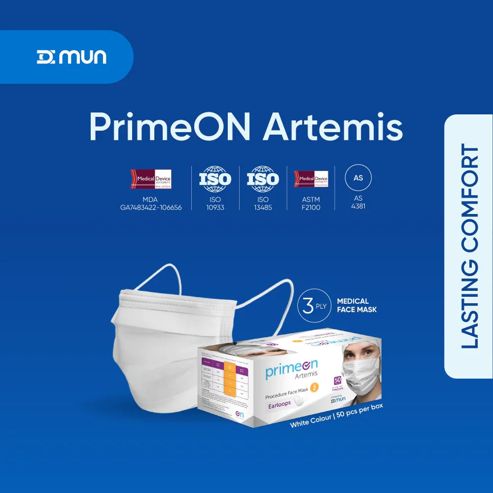 PrimeON Artemis Face Mask features: High filtration, 3-ply protection, and soft ear loops.
Key features of PrimeON Artemis face masks including triple-layer fluid resistance and high breathability for clinical environments.