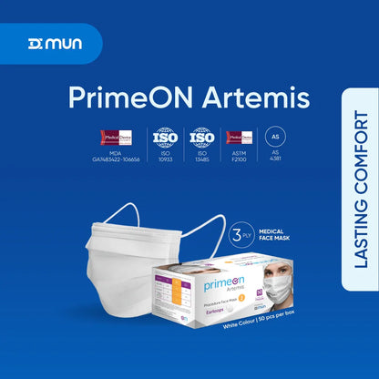 PrimeON Artemis Face Mask features: High filtration, 3-ply protection, and soft ear loops.
Key features of PrimeON Artemis face masks including triple-layer fluid resistance and high breathability for clinical environments.