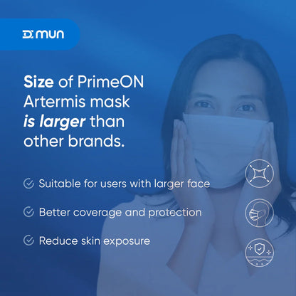 Close-up of PrimeON Artemis mask adjustable nose bridge for a secure seal.
Detailed view of PrimeON Artemis mask featuring an adjustable nose bridge and soft ear loops for a secure, comfortable facial seal.