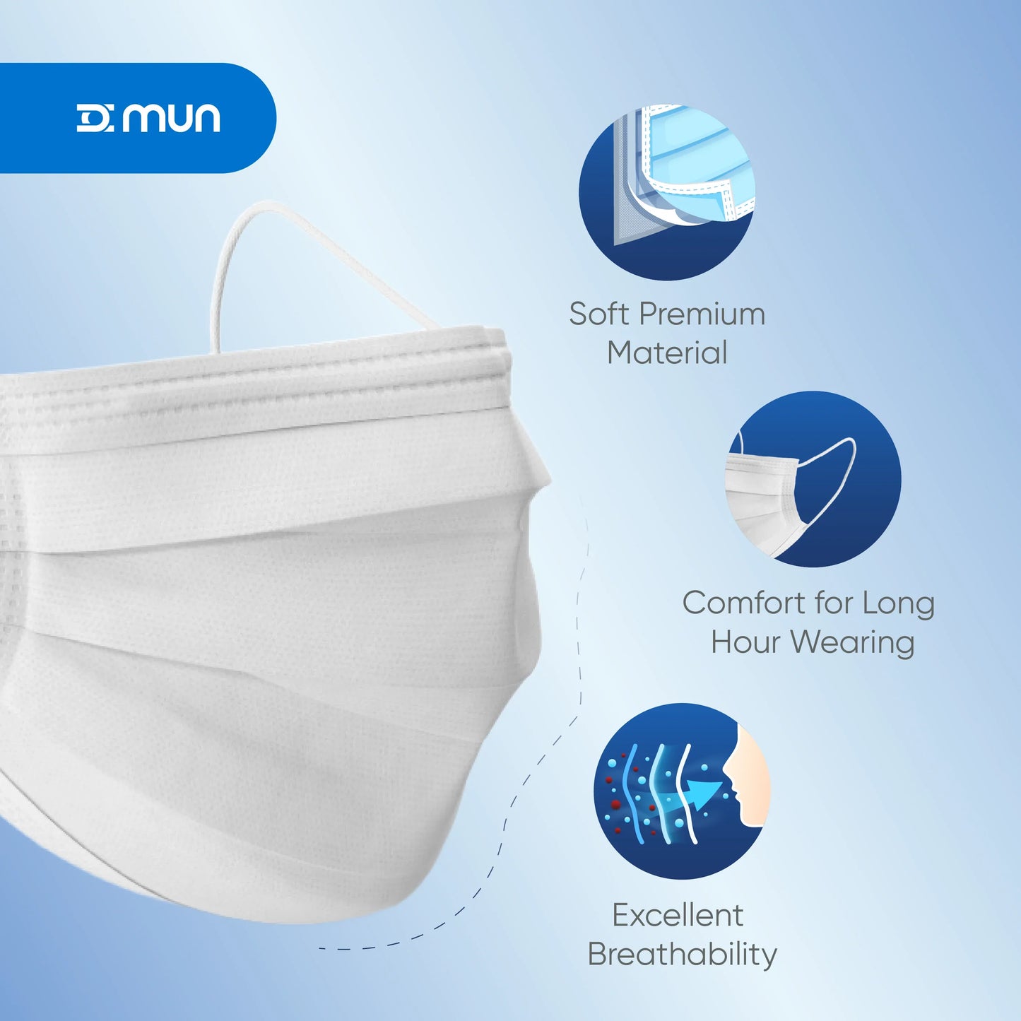 White PrimeON Artemis face mask with MUN branding and features on a light blue background
Detailed view of PrimeON Artemis mask designed with high-quality nose bridges and soft loops for a gap-free facial seal.