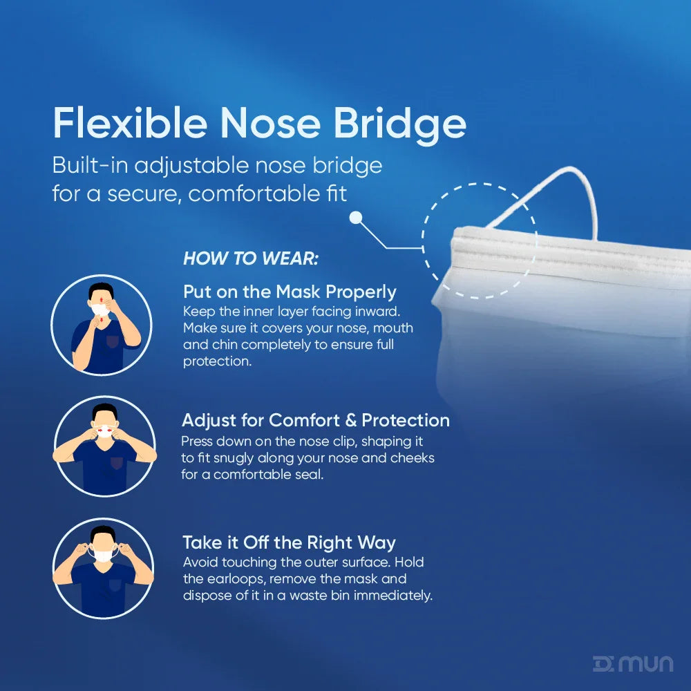Instructions on how to wear MUN PrimeON Artemis face mask with a flexible nose bridge on a blue background
PrimeON Artemis face mask shown in use by a healthcare professional, demonstrating reliable protection for clinical procedures.