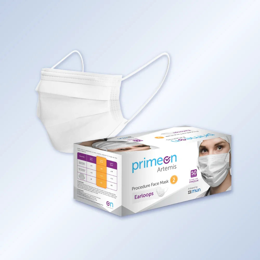 PrimeON Artemis 3-Ply Medical Face Mask in White with 50-count dispenser box.
PrimeON Artemis White 3-Ply Medical Face Mask featuring BFE and PFE ?99% filtration for professional-grade respiratory protection.