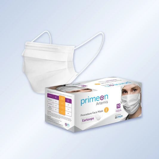 PrimeON Artemis 3-Ply Medical Face Mask in White with 50-count dispenser box.
PrimeON Artemis White 3-Ply Medical Face Mask featuring BFE and PFE ?99% filtration for professional-grade respiratory protection.