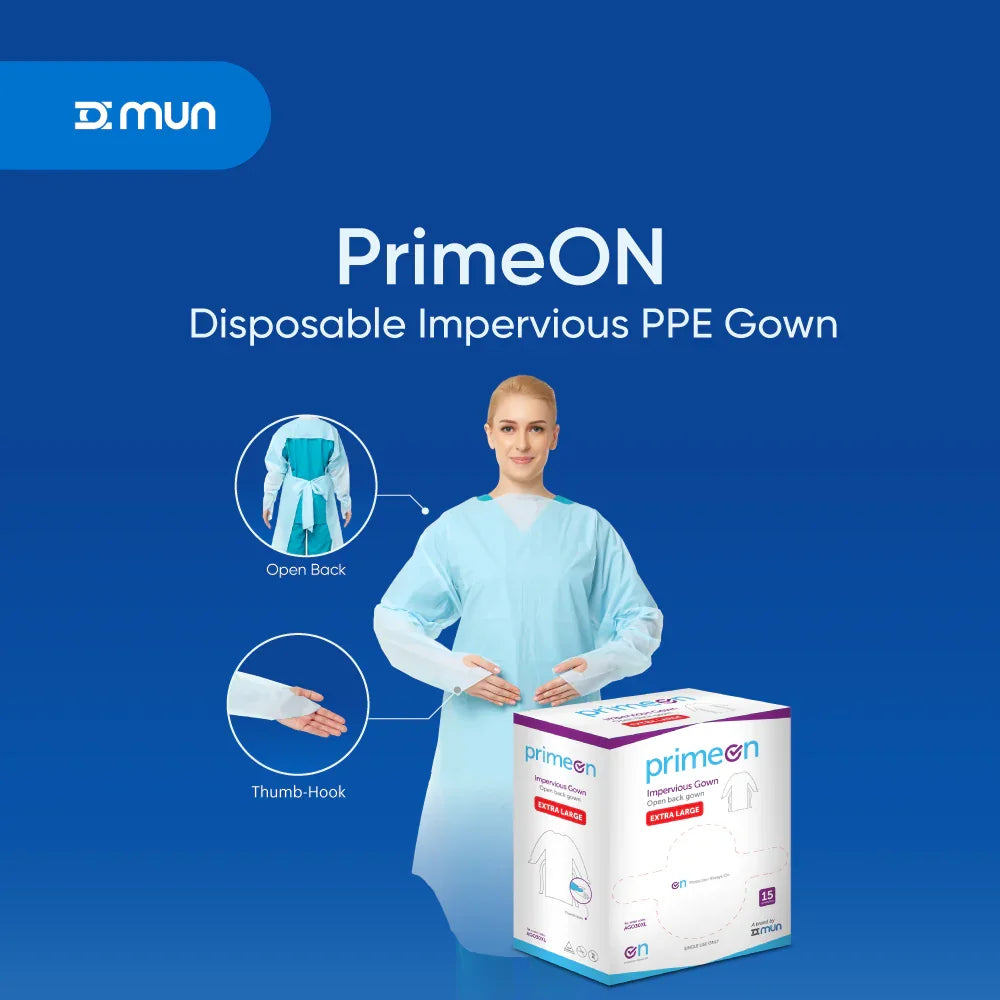 PrimeON Disposable Impervious PPE Gown features: Open Back and Thumb-Hook.
Overview of the PrimeON Impervious Gown highlighting the secure thumb-hook cuff to prevent sleeve roll-up and the breathable open back for long-wear comfort.