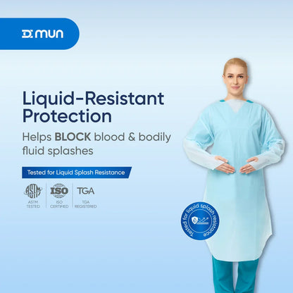 Liquid-resistant PPE gown tested for blood and bodily fluid splash resistance.
PrimeON gown tested for liquid splash resistance, meeting ASTM and ISO standards for blocking blood and bodily fluids in clinical environments.