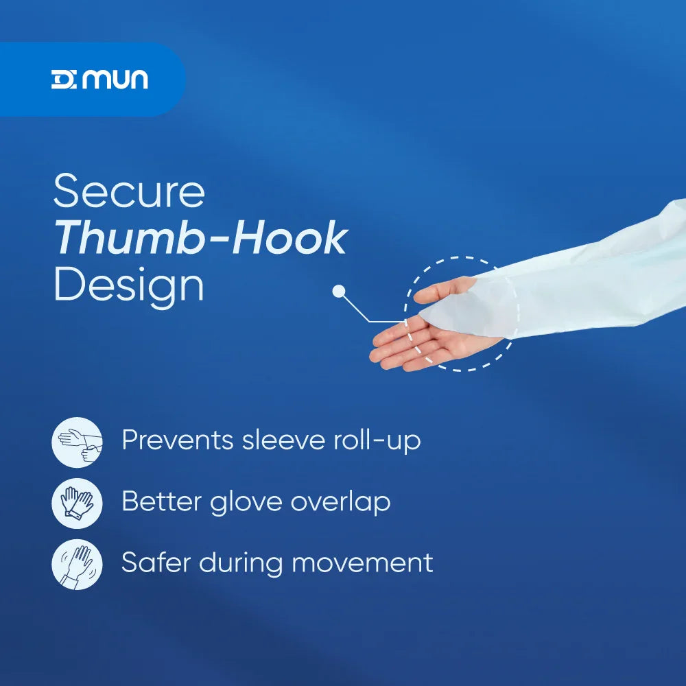 Close-up of secure Thumb-Hook design on a blue PPE gown sleeve.
PrimeON thumb-hook cuff design, ensuring a better glove overlap and preventing sleeves from sliding up during active movement.