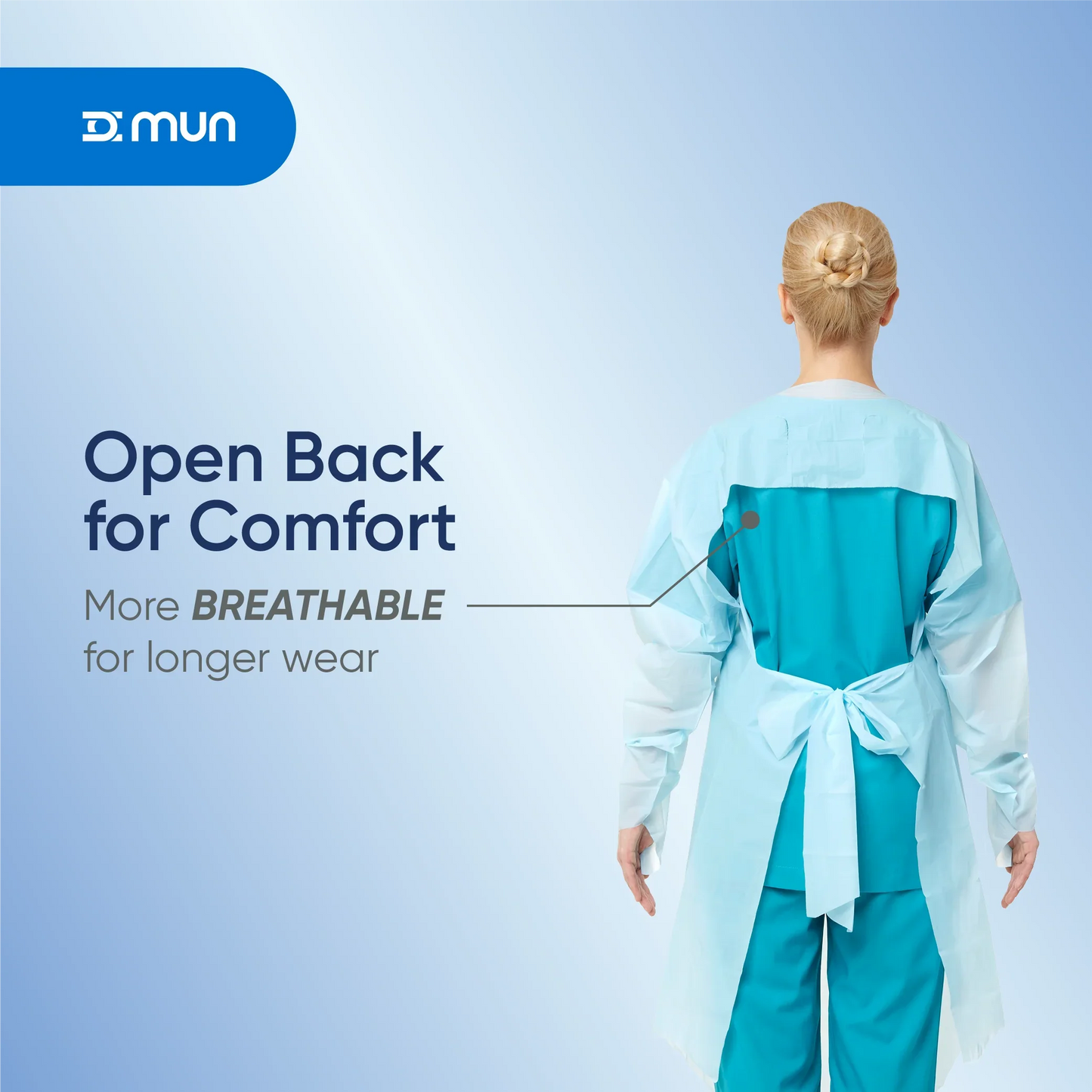 Back view of PrimeON gown showing breathable open back tie design.
Rear view of the PrimeON impervious gown featuring a breathable open-back tie design, engineered for comfort during extended shifts in healthcare settings.
