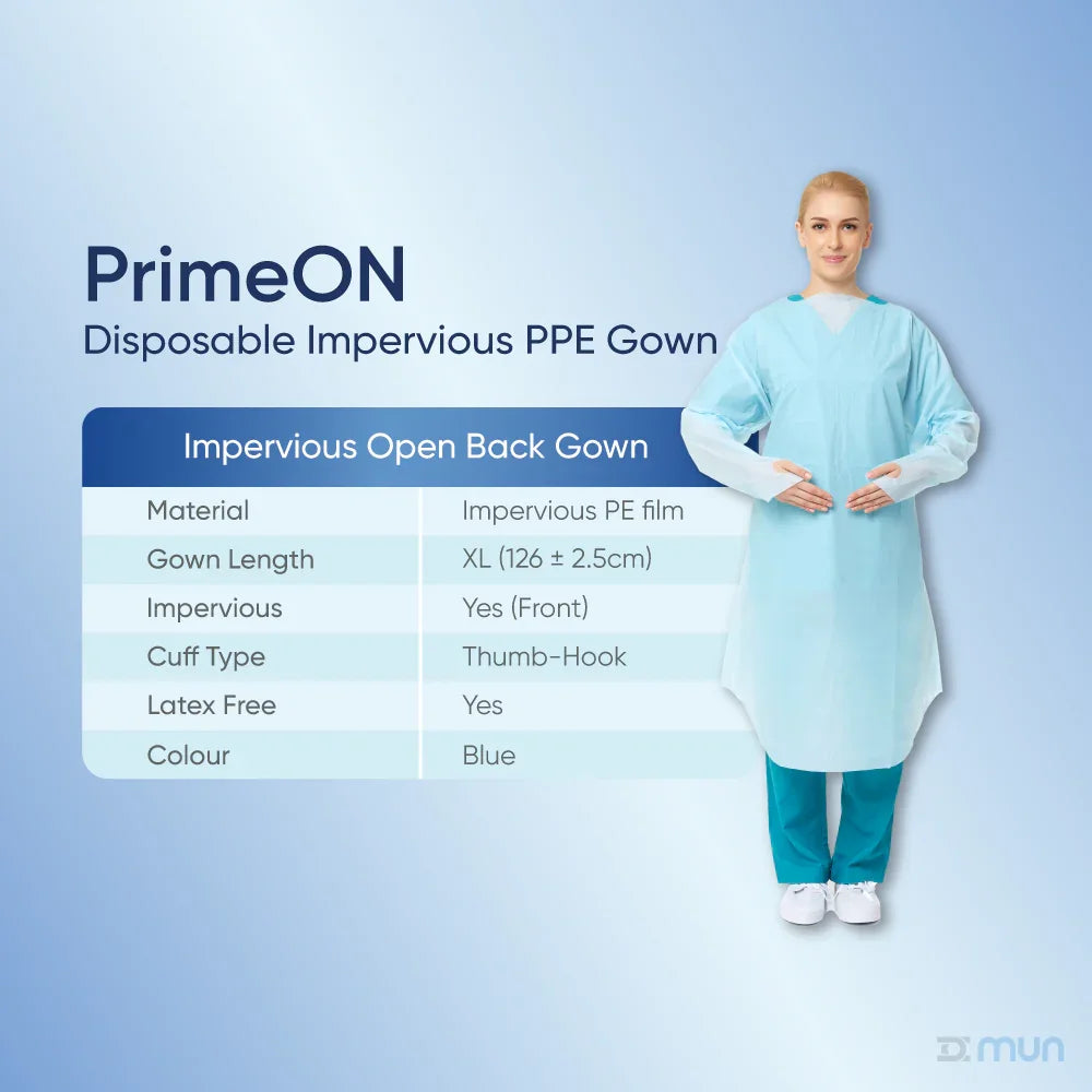 PrimeON Impervious Gown specs: PE film, XL length, Thumb-Hook, Latex-free.
Technical specifications for PrimeON Impervious Open Back Gowns, including blue PE film material, XL length (126cm), and latex-free certification.