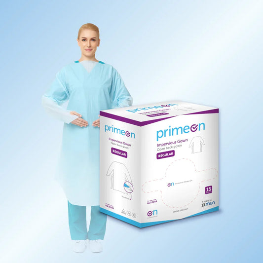 PrimeON Impervious Open Back Gown with Thumb Hooks - Regular Size Box.
PrimeON disposable blue impervious PPE gown with open back and thumb-hook design, offering high-level fluid protection in a regular size 15-count dispenser box.
