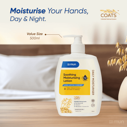 MUN COATS Daily Moisturiser in a 500ml bottle, smooth moisturizer with a clean, minimalist design and label visible.