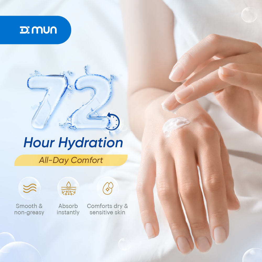 MUN COATS Daily Moisturiser bottle with label showing 72-hour hydration, designed for smooth, moisturized skin.