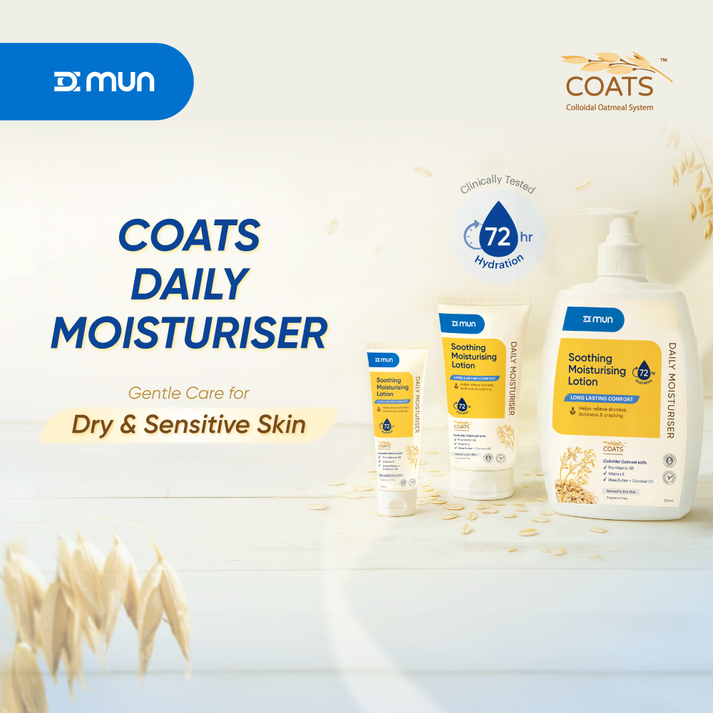 MUN COATS Daily Moisturiser tube with label, showcasing its hydrating formula and sleek packaging design.