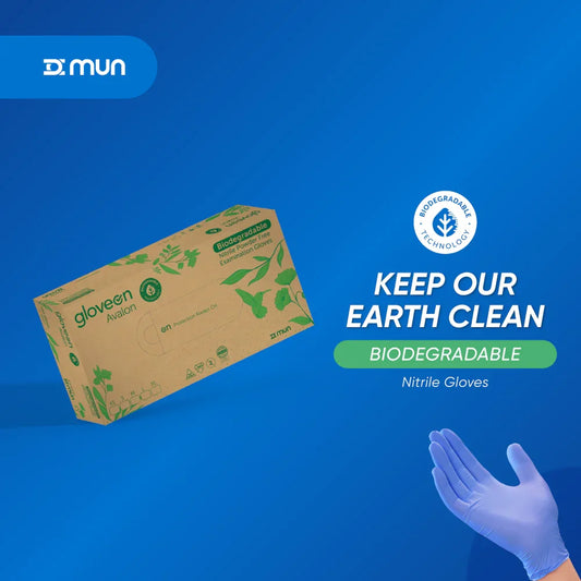 Box of biodegradable nitrile gloves with a hand wearing a glove on a blue background, featuring the MUN brand.
