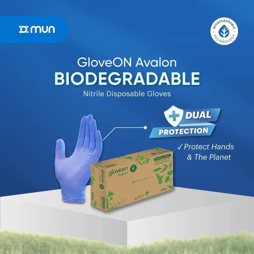 GloveON Avalon biodegradable nitrile disposable gloves with packaging on a blue background, featuring the MUN brand.
