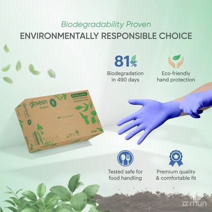 GloveON biodegradable gloves with packaging and a hand wearing a glove, on a light green background.