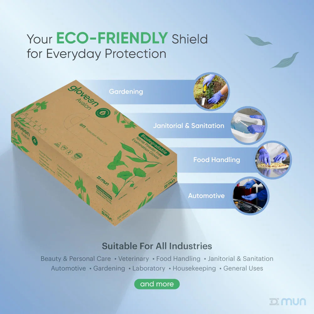 GloveON glove with eco-friendly branding on a blue background