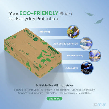 GloveON glove with eco-friendly branding on a blue background