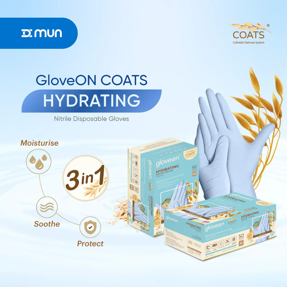 GloveON COATS Hydrating nitrile disposable gloves packaging and showing the features with a blue background 