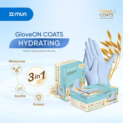 GloveON COATS Hydrating nitrile disposable gloves packaging and showing the features with a blue background 
