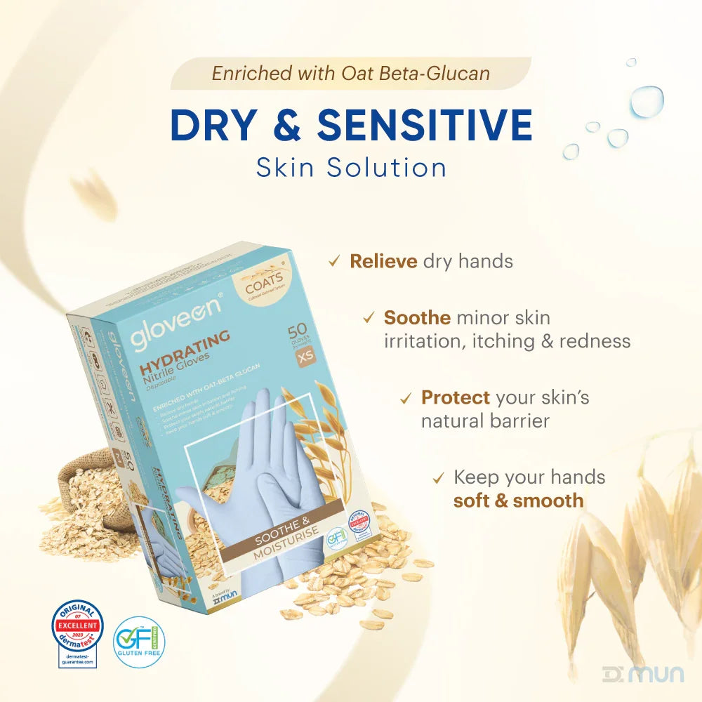 Box of GloveON COATS Hydrating nitrile gloves with oat beta-glucan ingredients on a beige background