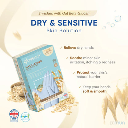 Box of GloveON COATS Hydrating nitrile gloves with oat beta-glucan ingredients on a beige background