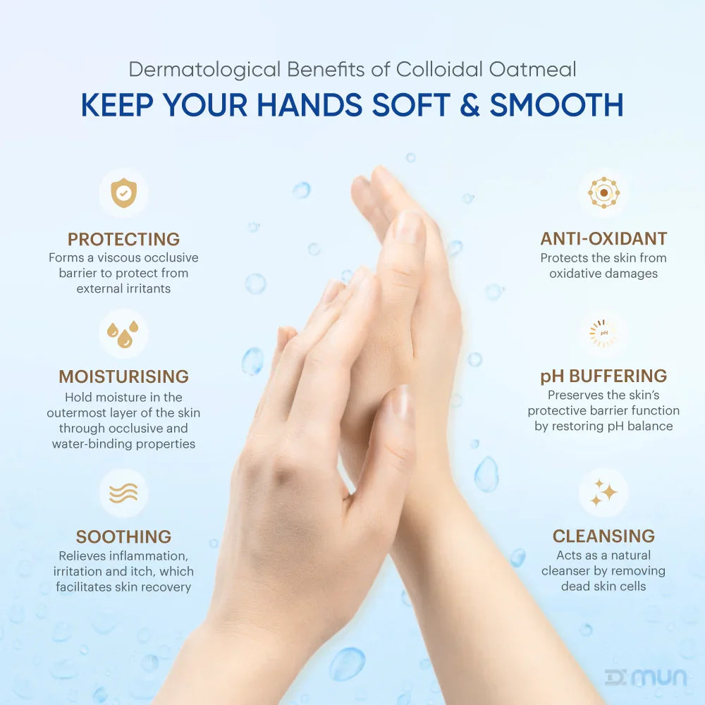 Dermatological benefits of colloidal oatmeal with hands on a light blue background