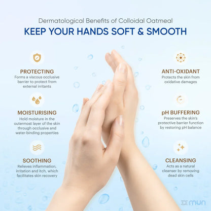 Dermatological benefits of colloidal oatmeal with hands on a light blue background