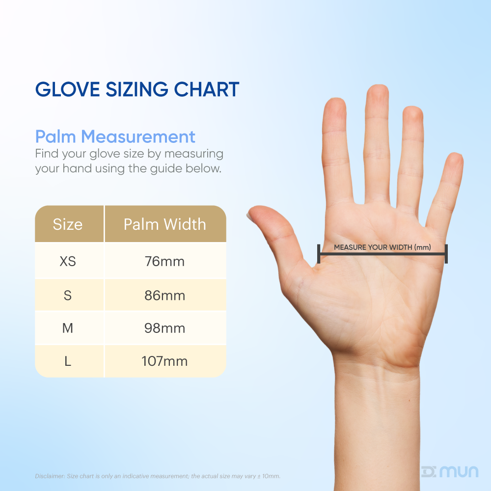 Glove sizing chart with hand measurement guide on a light blue background