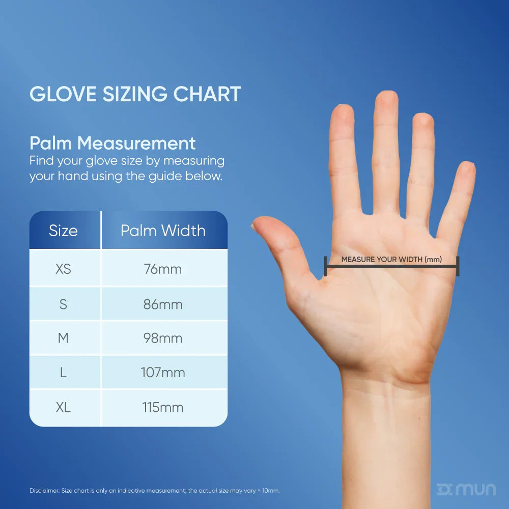 Glove sizing chart with palm measurement guide on a blue background