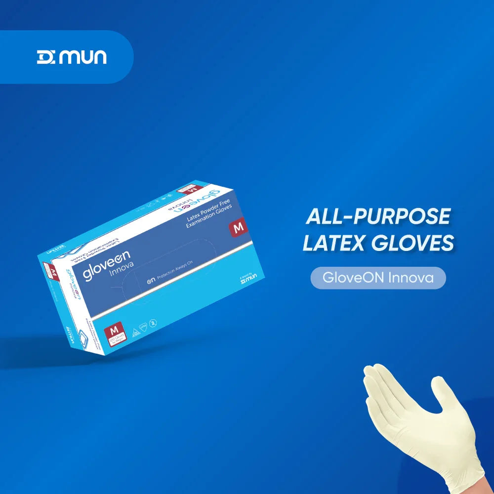 Box of GloveON Innova all-purpose latex gloves with a hand wearing a glove on a blue background, featuring the MUN brand.