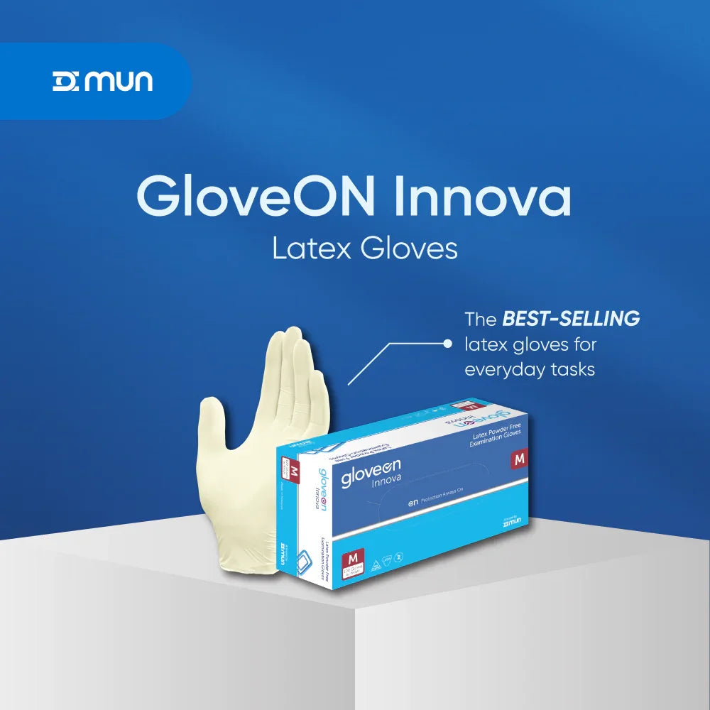 GloveON Innova latex gloves with packaging on a blue background
