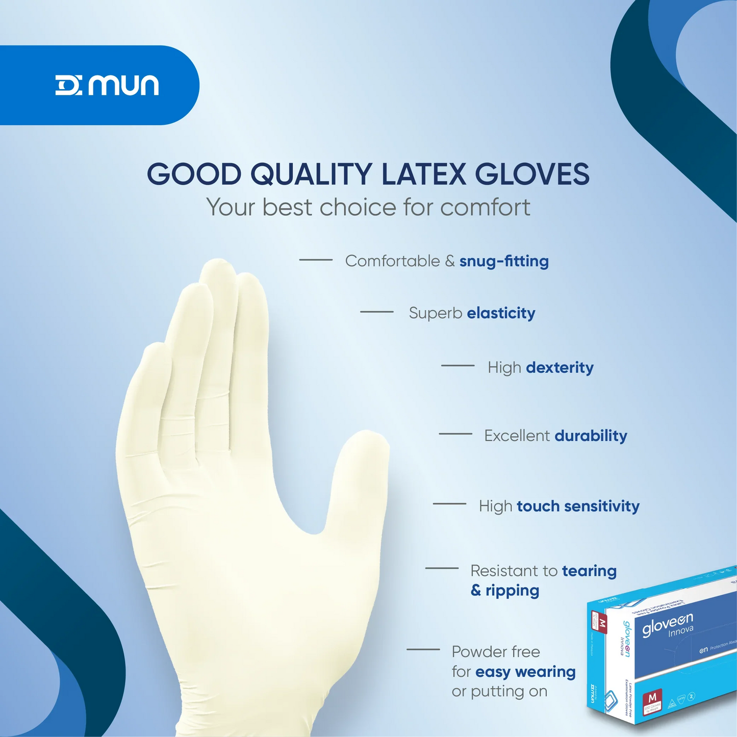 Good quality latex gloves with features listed on a blue background, featuring the brand 'MUN'.