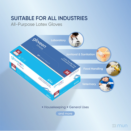 Box of GloveON Innova latex gloves with industry applications on a blue background
