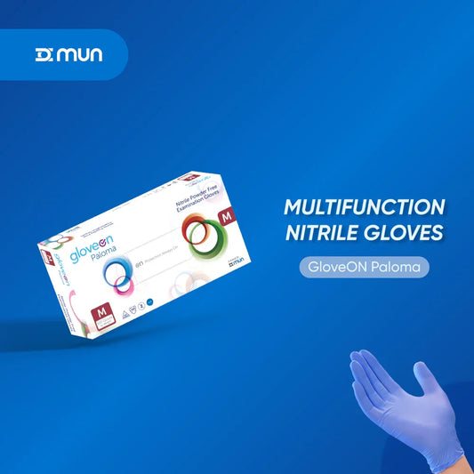 Box of multifunction nitrile gloves with a hand wearing a glove on a blue background, featuring the MUN brand.