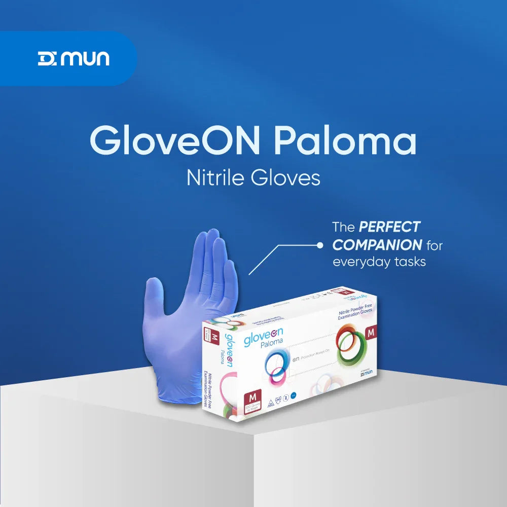 GloveON Paloma nitrile gloves with packaging on a blue background